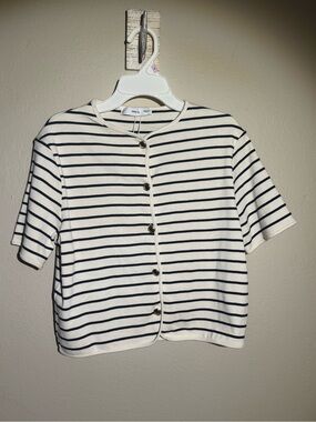 Striped Button-Front Knit Top - Navy on White